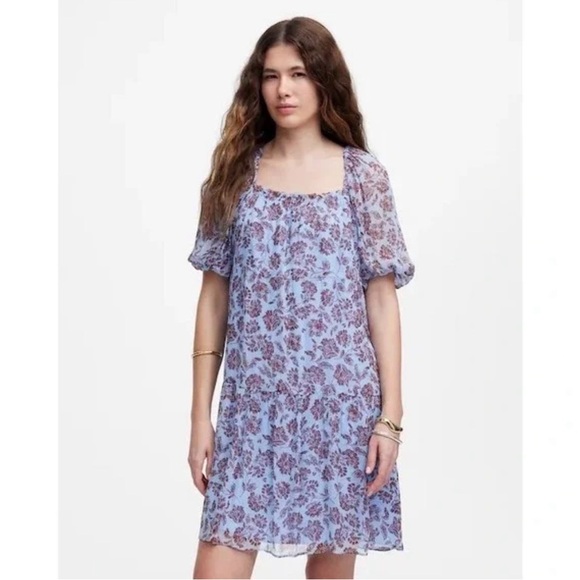 Madewell Dresses & Skirts - Madewell Blue Brown Floral Puff Sleeve Cute Flowy Swing Mini Dress Size 8